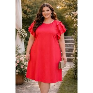 Masseys Red Ruffle Sleeve Midi Dress Formal Wedding Guest Size 4X Festive Cruise